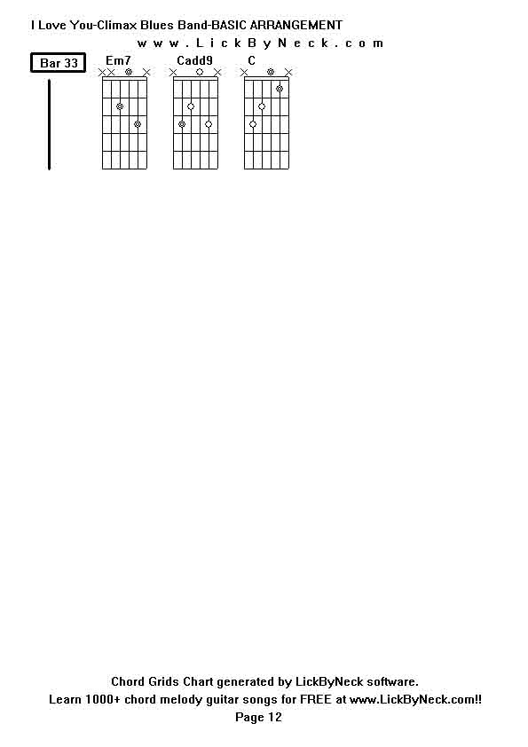 Chord Grids Chart of chord melody fingerstyle guitar song-I Love You-Climax Blues Band-BASIC ARRANGEMENT,generated by LickByNeck software.